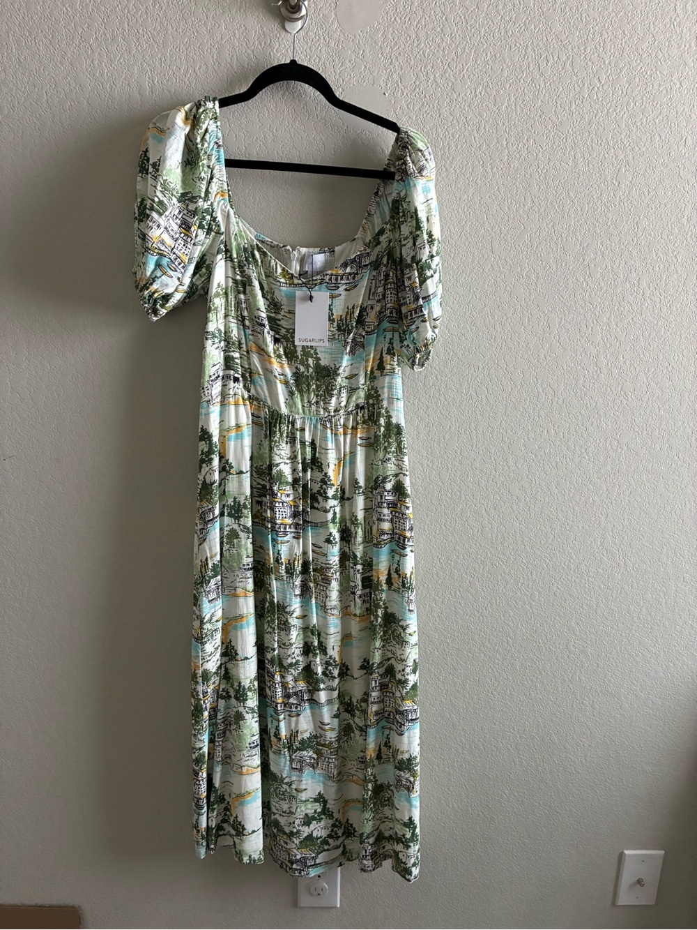 Sugarlips Scenic Print Midi Dress in Green and White NWT
